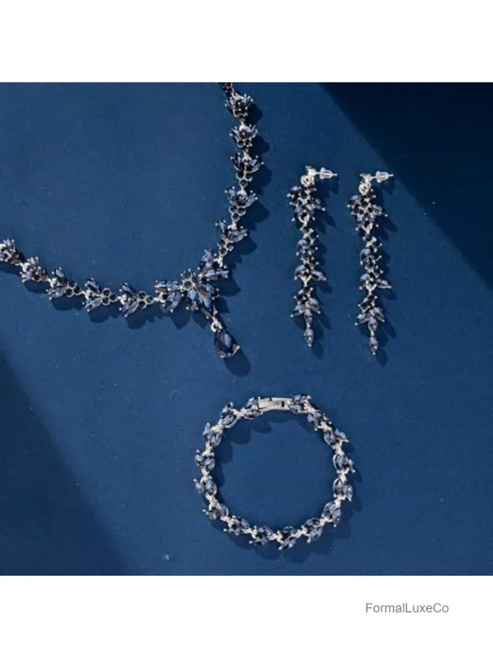 Blue Crystal Necklace Earrings Bracelet Set, Silver Plated Zinc Alloy, Wedding